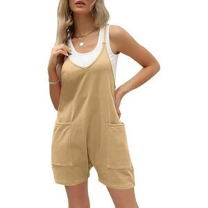 Womens Rompers Apricot Wide Leg  Shorts Overalls Adjustable Strap Bib Jumpsuit